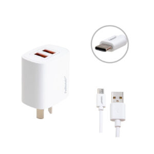 CARGADOR CELULAR DOBLE USB 220V C/CABLE USB A TYPE C