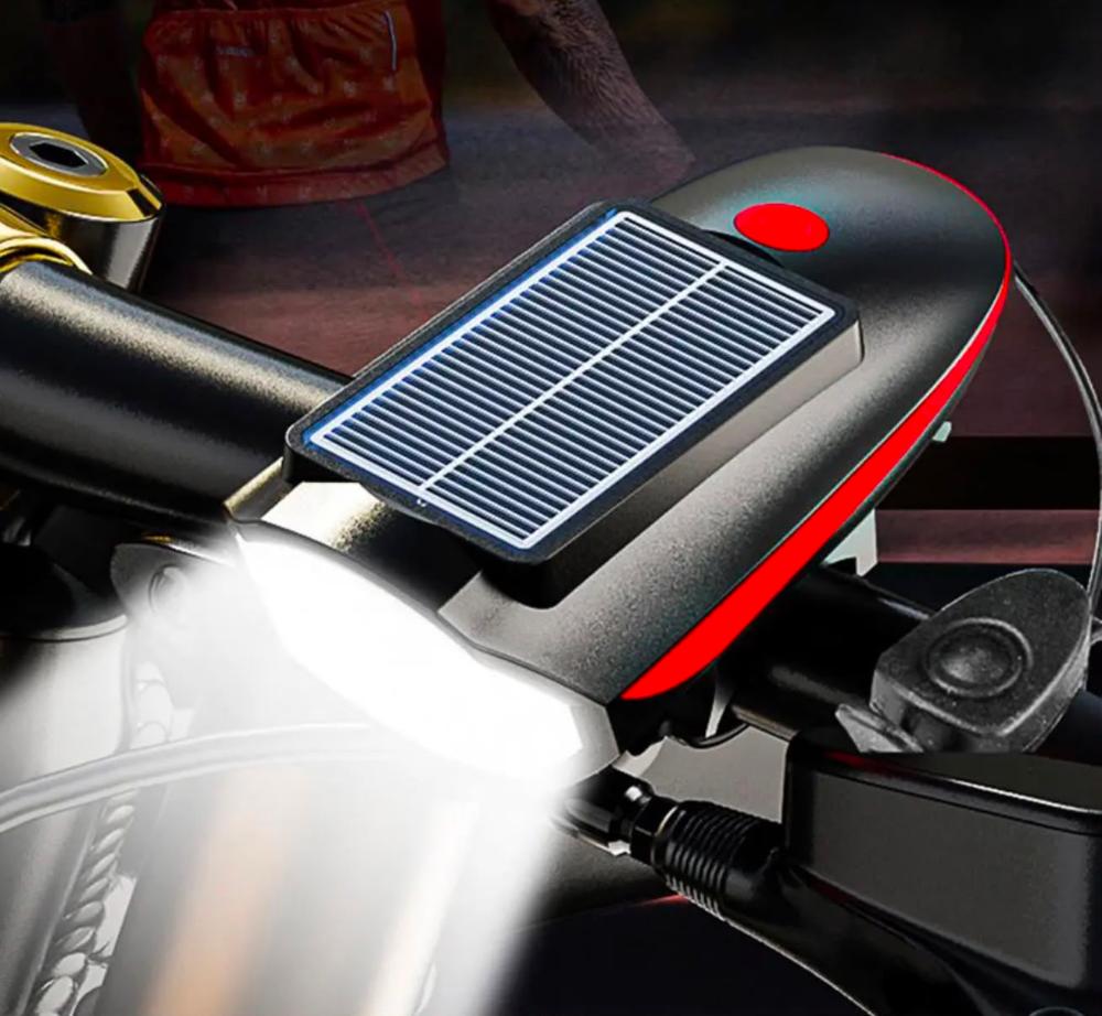 LUZ BICI RECARGABLE USB Y TAMBIEN SOLAR CON BOCINA MOD. S7599