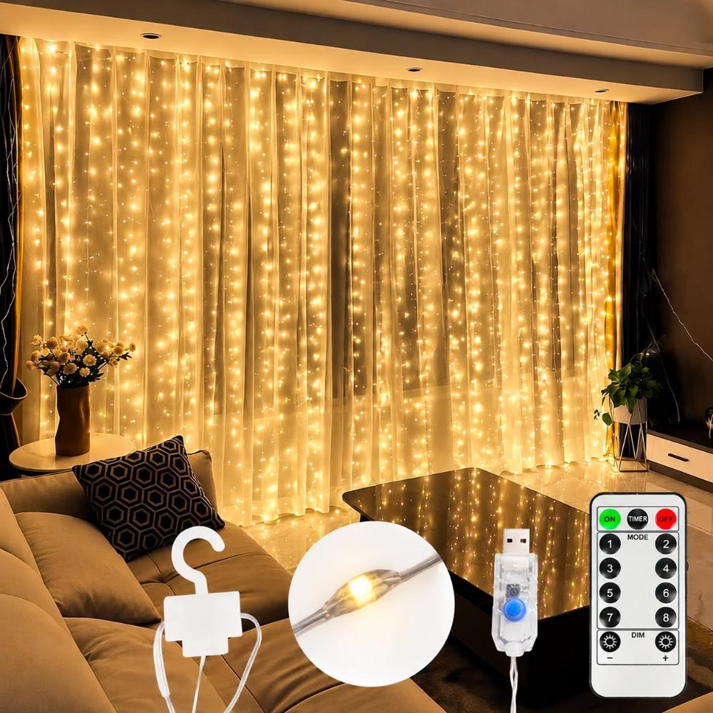 CORTINA LED USB C/CONTROL REMOTO LUZ CALIDA 3X3 300 LED