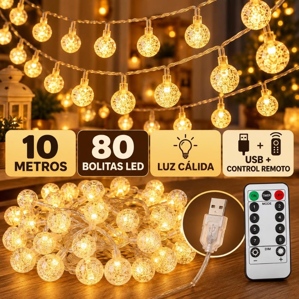 GUIRNALDA BOLITA USB C/CONTROL REMOTO 10M 80 BOLITAS LUZ CALIDA