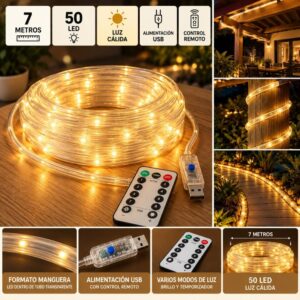 MANGUERA LED USB C/CONTROL REMOTO 7M 50 LED LUZ CALIDA