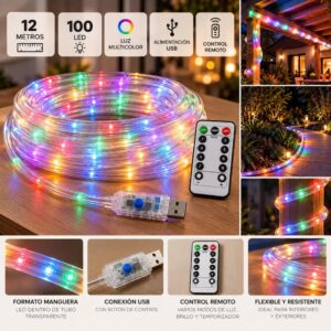 MANGUERA LED USB C/CONTROL REMOTO 12M 100 LED LUZ MULTICOLOR