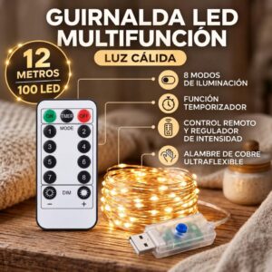 MANGUERA ALAMBRE LED USB C/CONTROL REMOTO 12M 100 LED LUZ CALIDA
