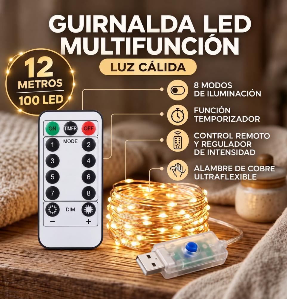 MANGUERA ALAMBRE LED USB C/CONTROL REMOTO 12M 100 LED LUZ CALIDA
