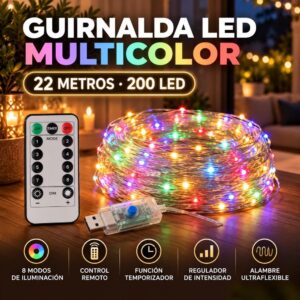MANGUERA ALAMBRE LED USB C/CONTROL REMOTO 22M 200 LED LUZ MULTICOLOR