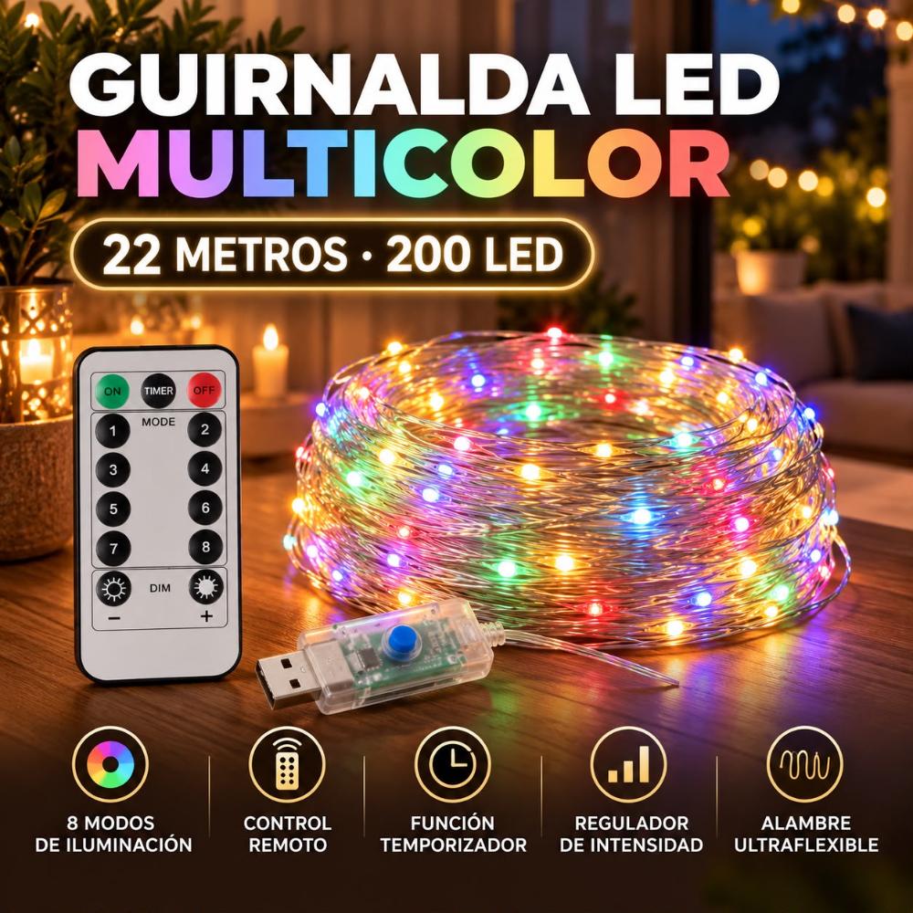 MANGUERA ALAMBRE LED USB C/CONTROL REMOTO 22M 200 LED LUZ MULTICOLOR