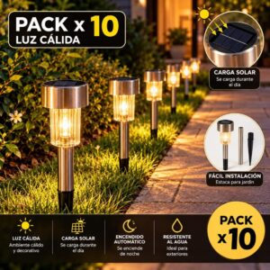 ESTACA LED SOLAR ALUMINIO LUZ CALIDA SET X 10