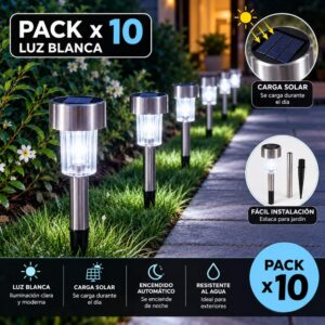 ESTACA LED SOLAR ALUMINIO LUZ BLANCA SET X 10