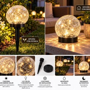 ESTACA + BASE SOLAR FORMATO CRYSTALL BALL P/EXTERIOR LUZ CALIDA