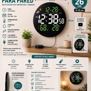 RELOJ DIGITAL LED PARED/MESA C/CONTROL REMOTO JY00966