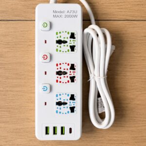 ZAPATILLA FAST CHARGING 3 BOCAS C/INTERRUPTOR + 3 USB + 1 USB TIPO C MOD. A73U-2501
